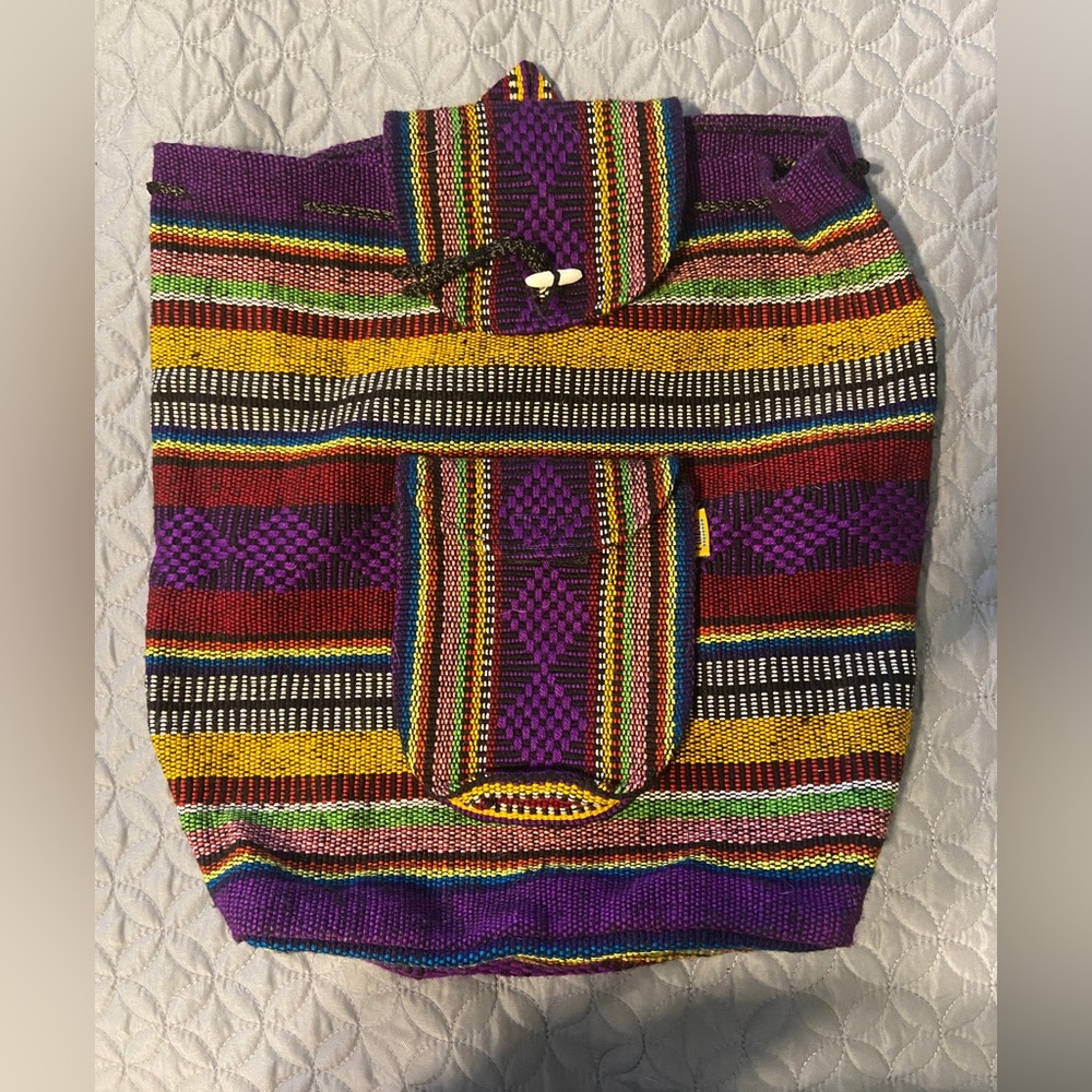 Woven Boho Backpack/Festival Bag - multi color with 1 outside  pocket